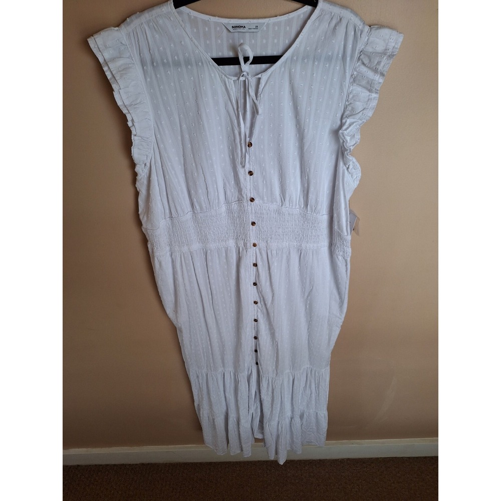 Sonoma Womans 2X White Coastal Swiss Dot Button Up‎ Tiered Maxi Sun Dress